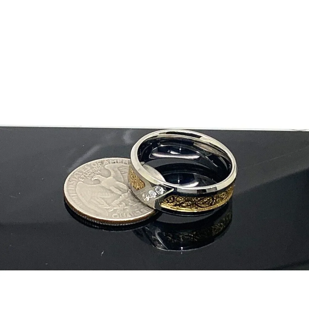 Men's Wedding Band Two Tone Steel 0.03ctw Diamond 8mm Wide Ring Size 10.75